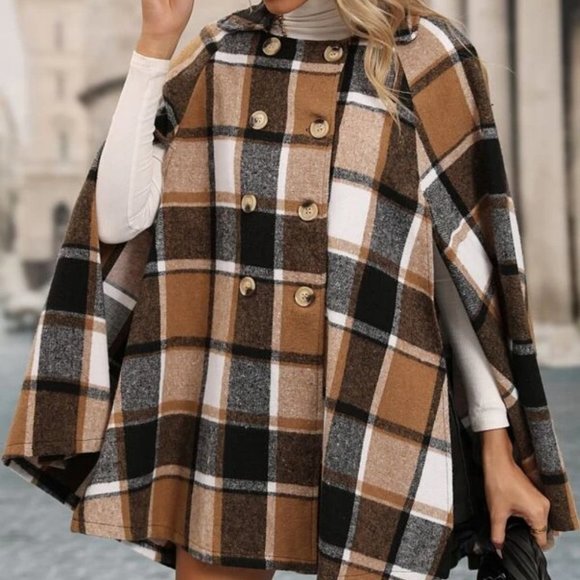 Double Breasted Plaid Print Cloak Sleeve Coat jacket cape - Picture 5 of 6